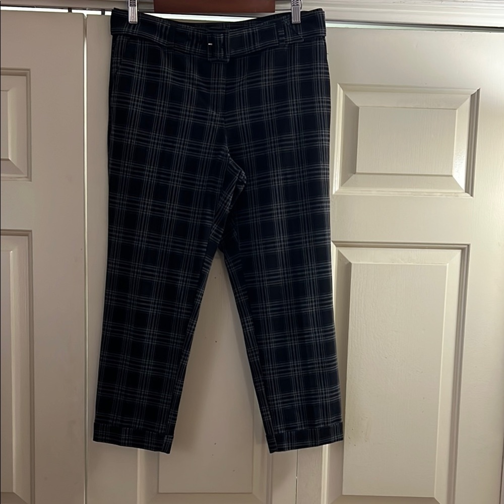 LOFT The Devin Slim Black Plaid Crop Cuffed and Belted Pants
